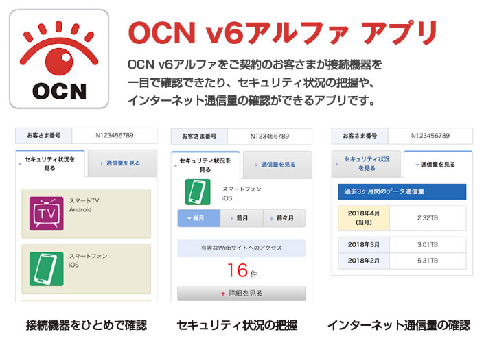 OCN v6アルファをご契約のお客さまが接続機器を一目で確認できたり、セキュリティ状況の把握や、インターネット通信量の確認ができるアプリです。 